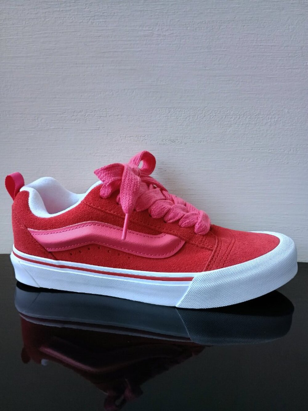 Vans Women's Knu Skool Suede Sneakers Shoes in Awesome Racing Red / Pink